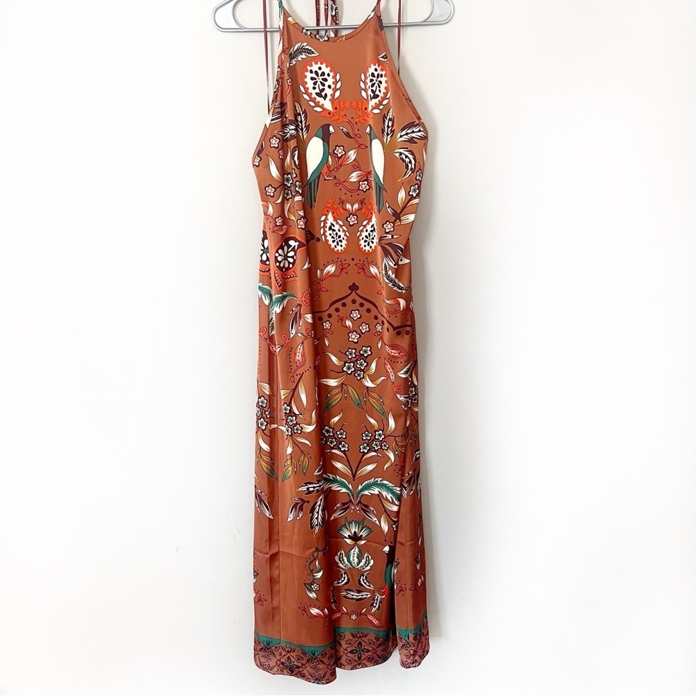House of Harlow Satin Bird Halter Midi Dress Medium Resortwear Cruise Tropical - Picture 11 of 11
